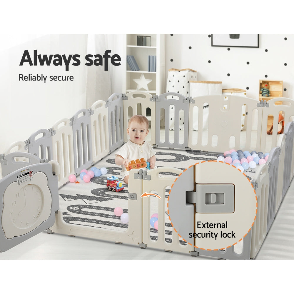 A grey and tan modular rectangle transportable plastic playpen with a happy safe baby inside in your bedroom or lounge room setting.Text reads Always safe reliably secure.
