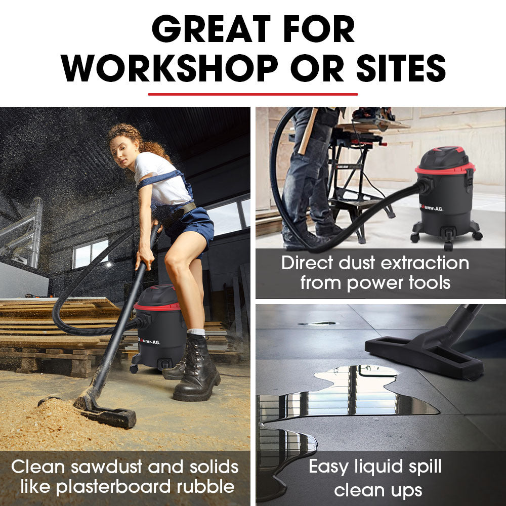 Lady in workshop vacuums up sawdust with wet and dry vacuum cleaner text reads easy liquid clean ups and direct extraction from power tools