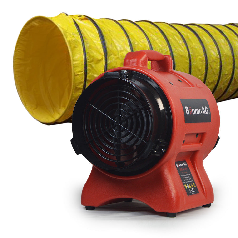 An orange and black Baumr-AG industrial ventilation blower and extraction fan with flexible yellow duct.