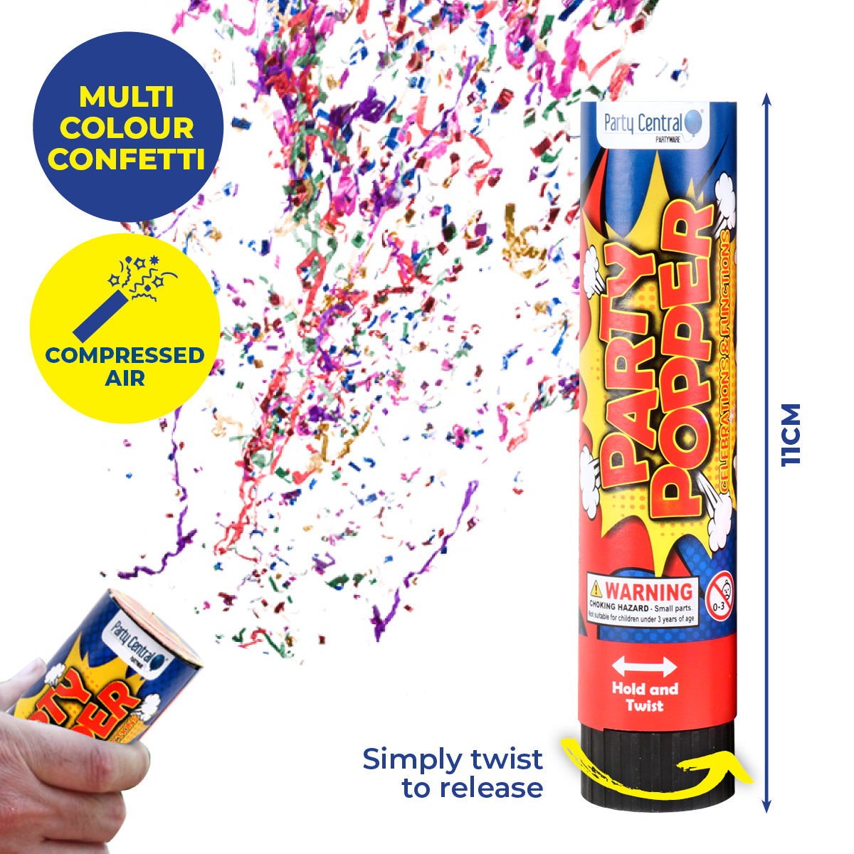 11cm confetti filled party popper blowing its load.