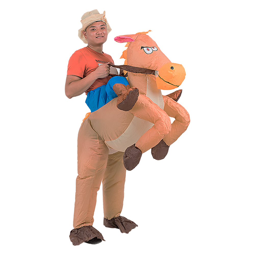 A man in an Inflatable cowboy and horse costume for Melbourne cup and parties.