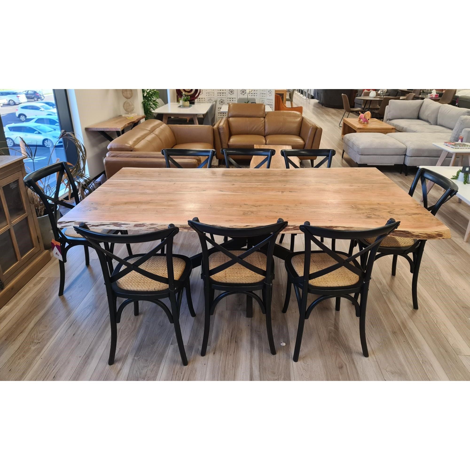 Solid polished wood and metal framed Acacia eight seat dining table and chair 