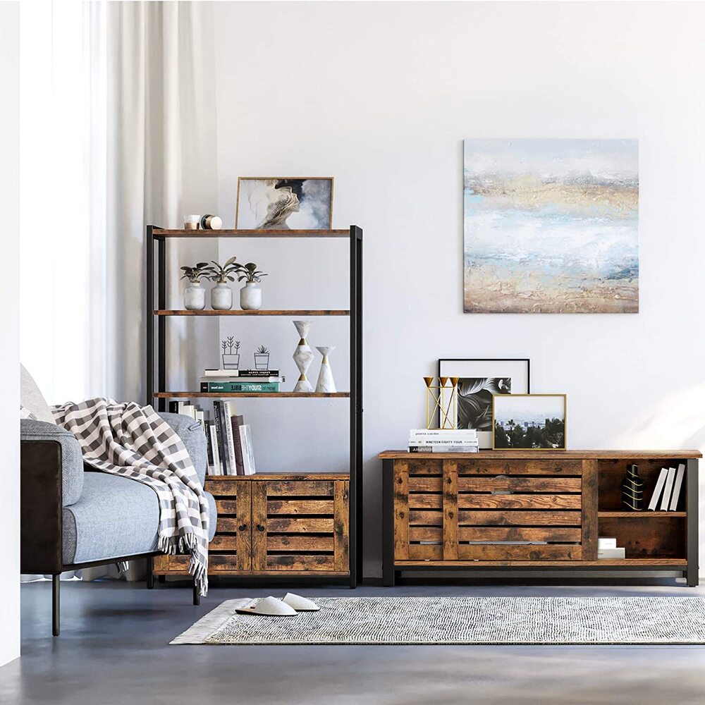 Rustic living room furniture wood and metal bookshelf 3 tier and TV cabinet with paintings and chair and floor mat morning diffused light setting..