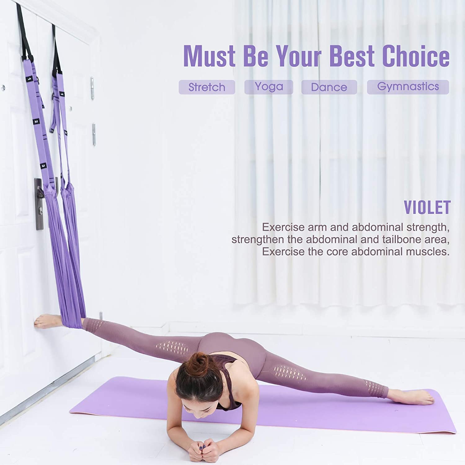 A very fit lady stretching with one foot in a violet yoga or gymnastics strap from a door torture type device very cool