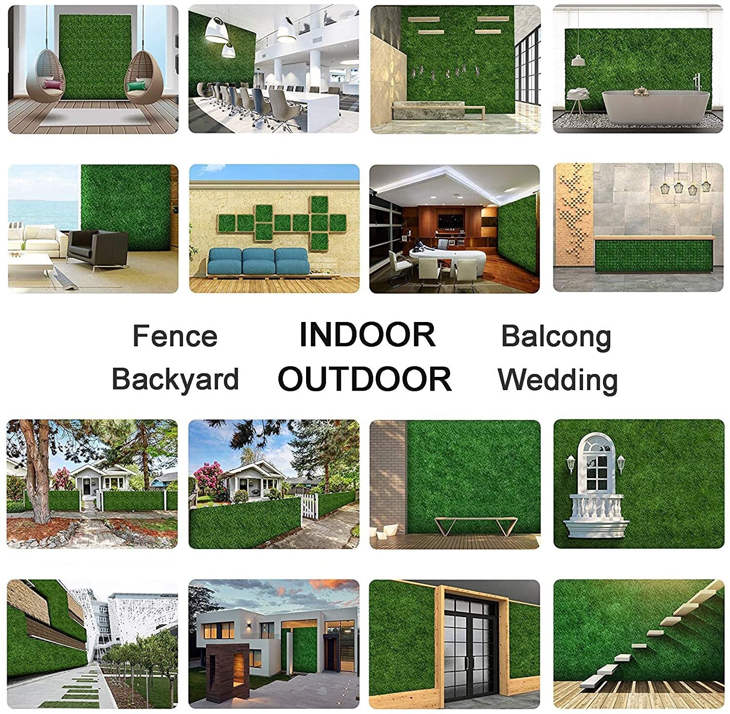 sixteen small pictures shoing different ways you could use artificial plants and wall panels to green up your home business or office.