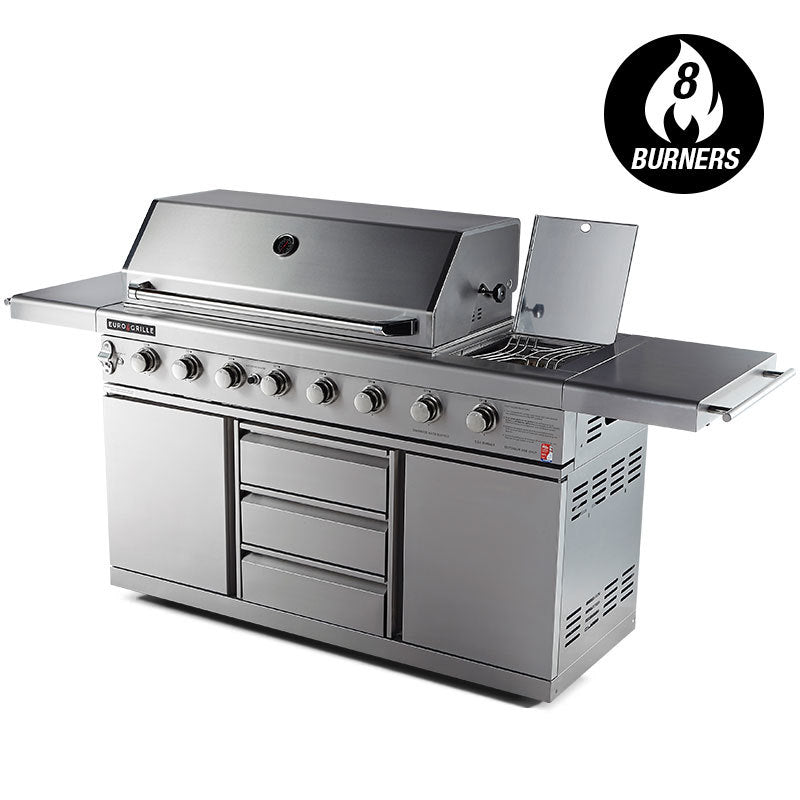 A big bugger stainless steel alfresco eight burner BBQ from Eurogrill for the home or business needs 