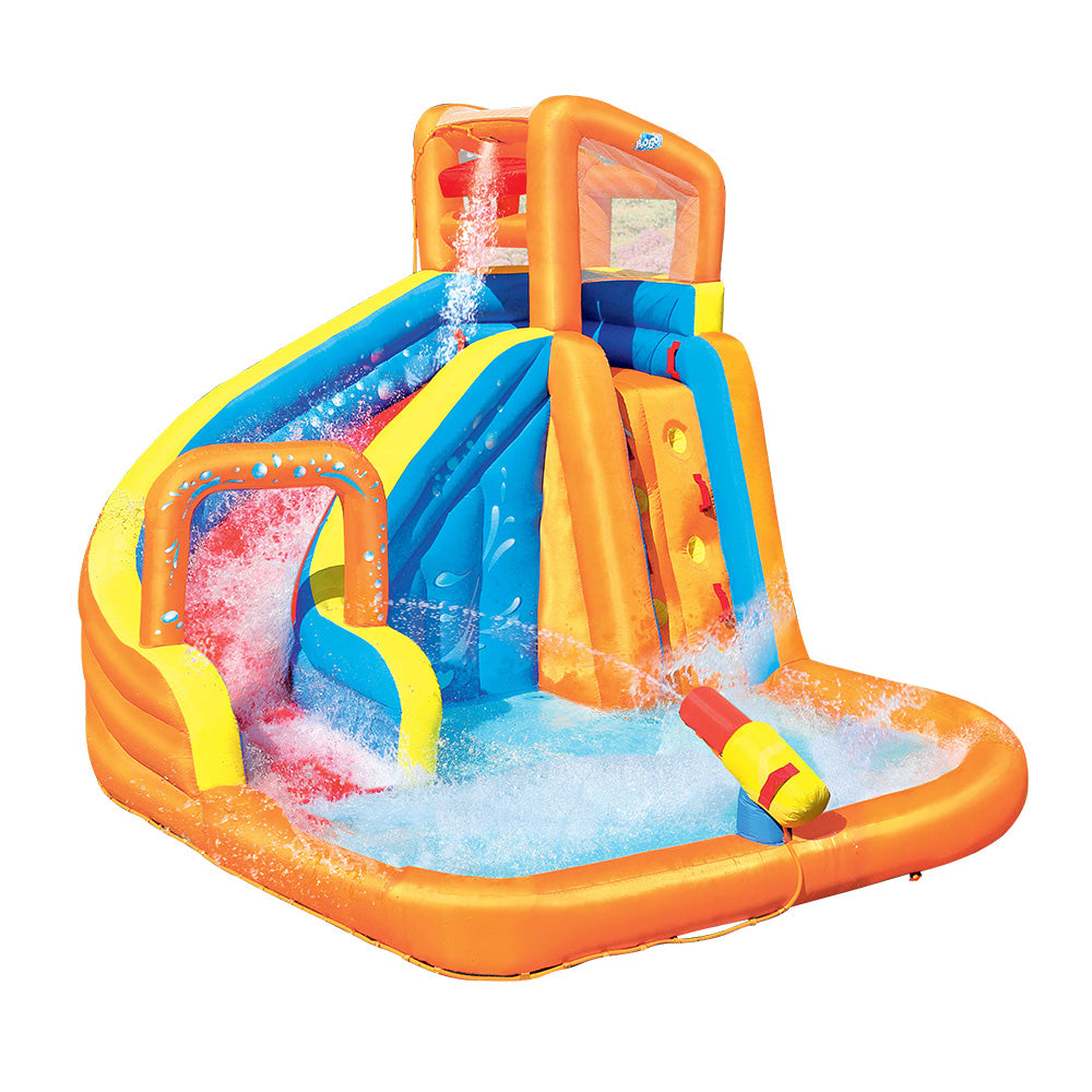 Inflatable children's water slide with small pool and steps and lots of splashing water fun. 