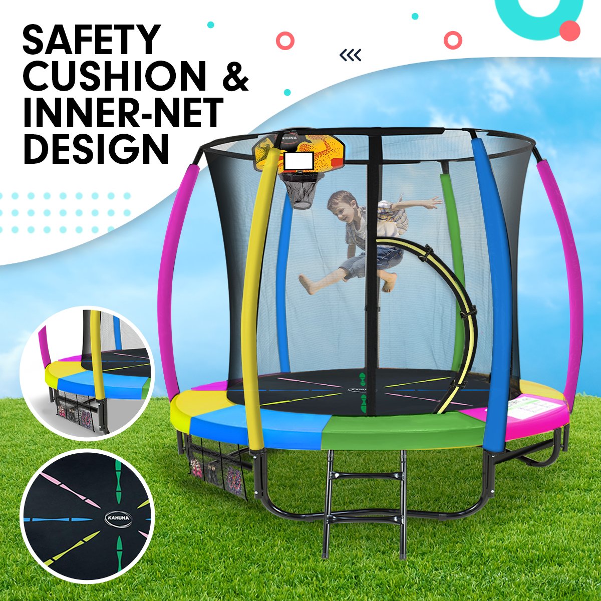 Young child jumps inside a net protected backyard trampoline with multicoloured foam and spring gaurd protectors so he is safe and having sheet loads of fun. 