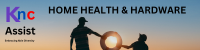Text Knc Assist Home health & Hardwear picture is a silhouette of a Person in wheelchair and a person standing up holding a life ring between them with the setting sun in the Center as they enjoy a sunset on the beach. 