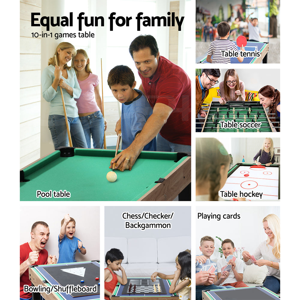 10 in 1 games table with a happy family enjoying playing games together.
