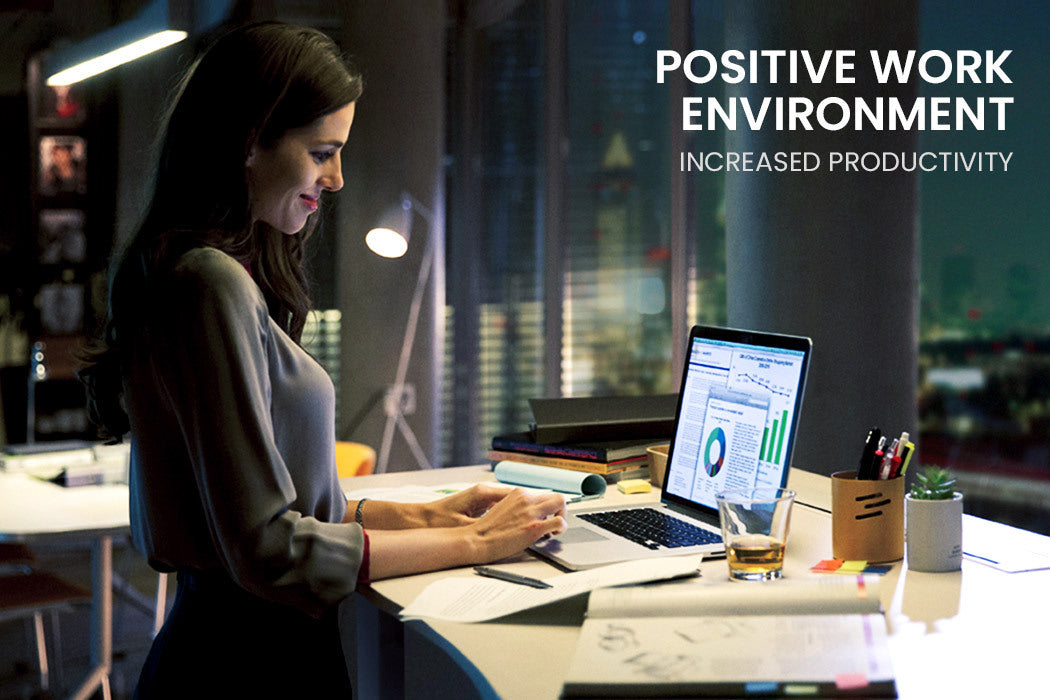 Home office positive work environment text with lady standing at sit stand desk working on laptop with cup of pens and books on desk picture has an evening theme.